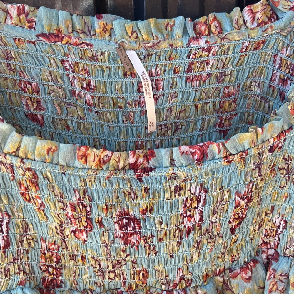 Free People Floral Smocked Blouse Blue Green Pink Red Flowers Flowy Fairy Boho - Picture 5 of 8